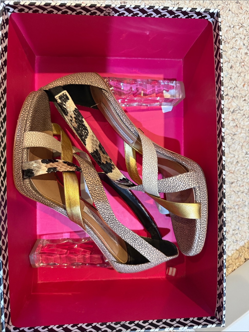 Diane Von Furstenberg Mixed-Metal Strappy Heels with Clear Block Heel
